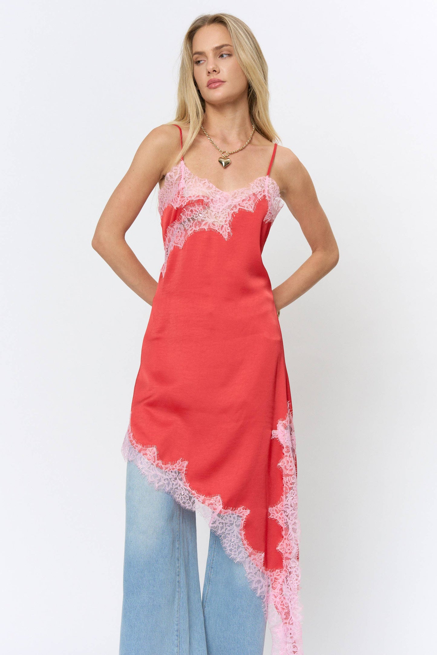 “The Bailey” Lace Trim Detail Asymmetric Satin Midi Dress
