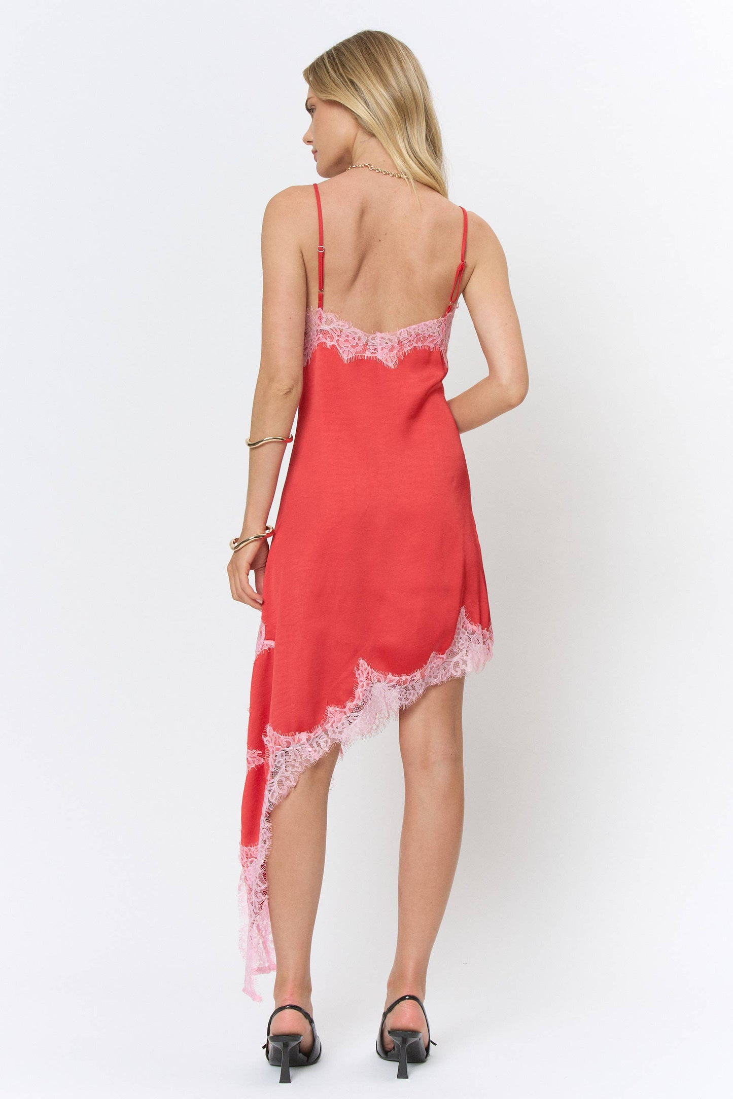 “The Bailey” Lace Trim Detail Asymmetric Satin Midi Dress