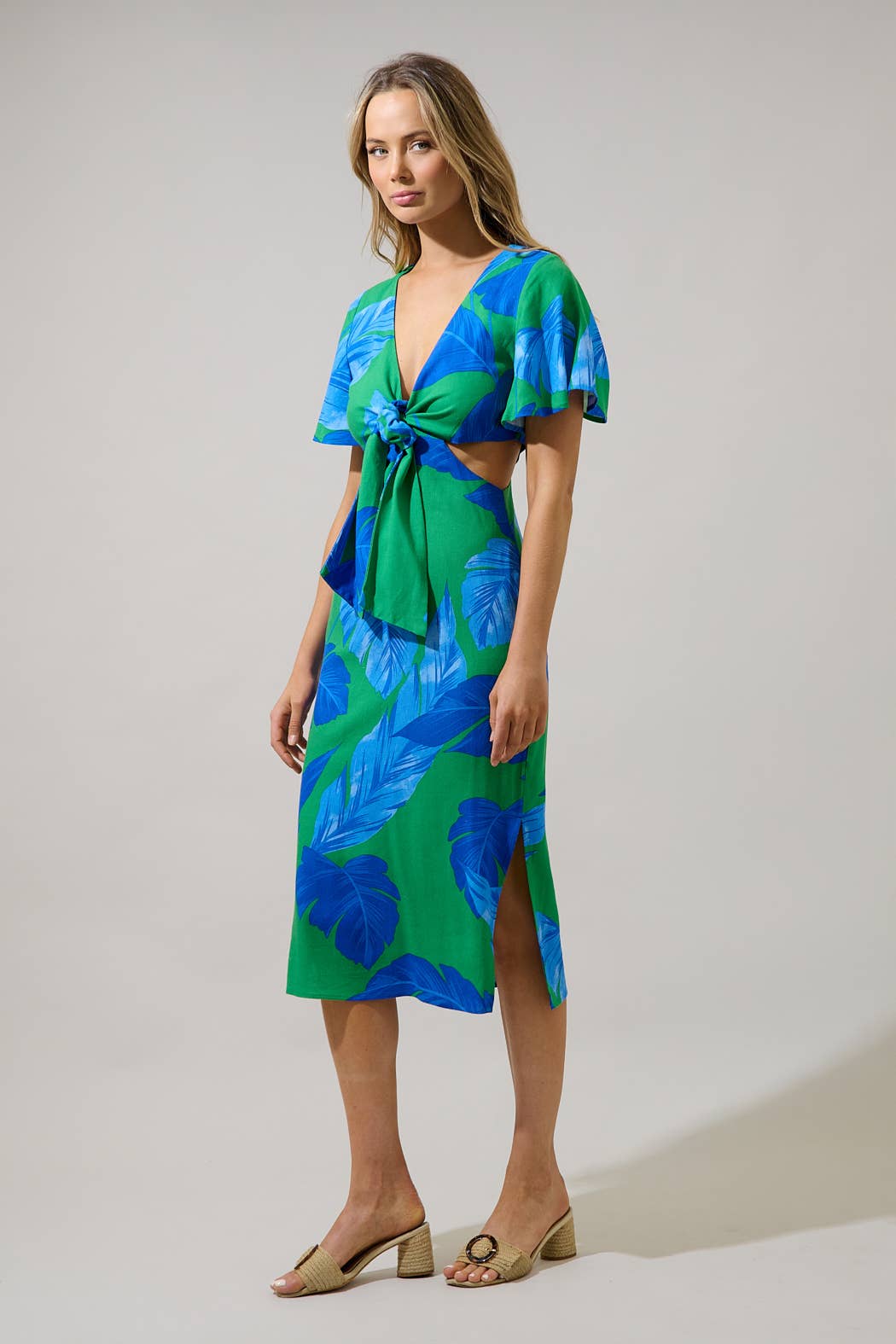 “The Molly” Front Tropical Tie Midi Dress