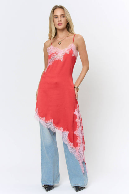 “The Bailey” Lace Trim Detail Asymmetric Satin Midi Dress