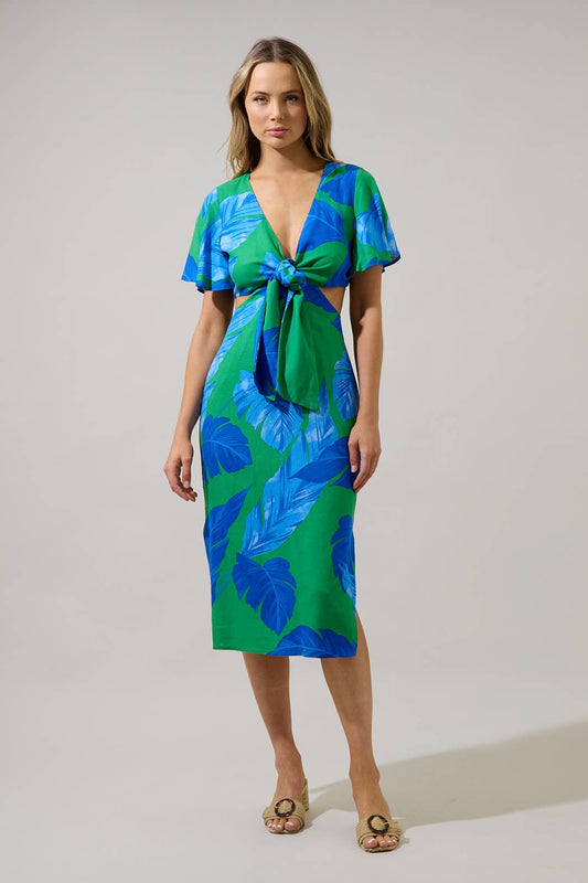 “The Molly” Front Tropical Tie Midi Dress